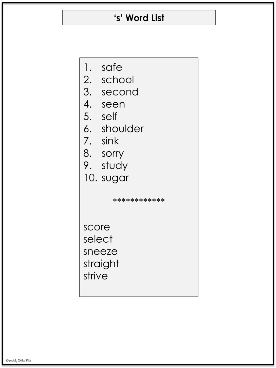 Spelling list of 10 s words, including safe, school, and second, plus five extra-credit words such as score