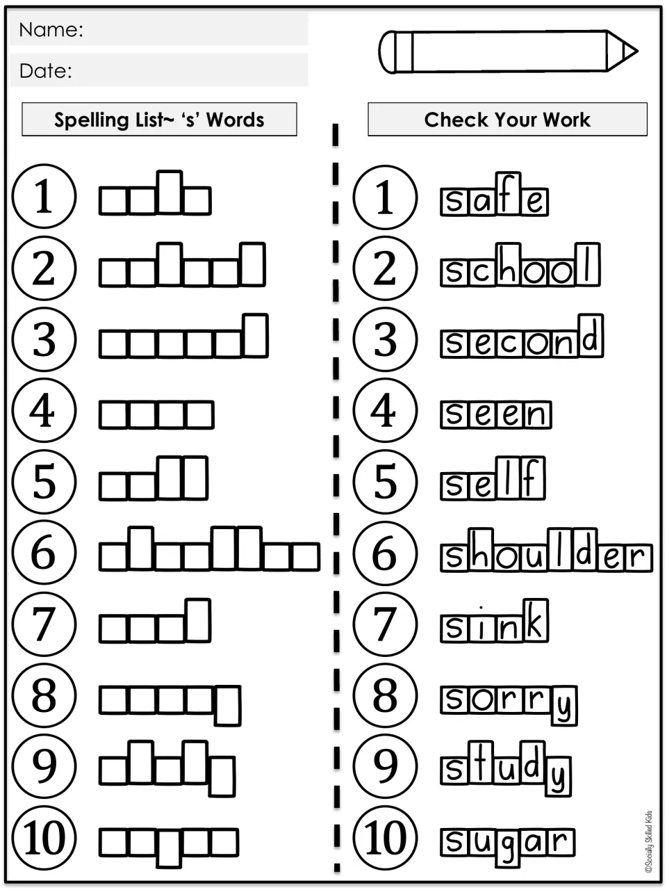 Self-checking spelling practice for safe, school, second, seen, self, shoulder, sink, sorry, study, and sugar