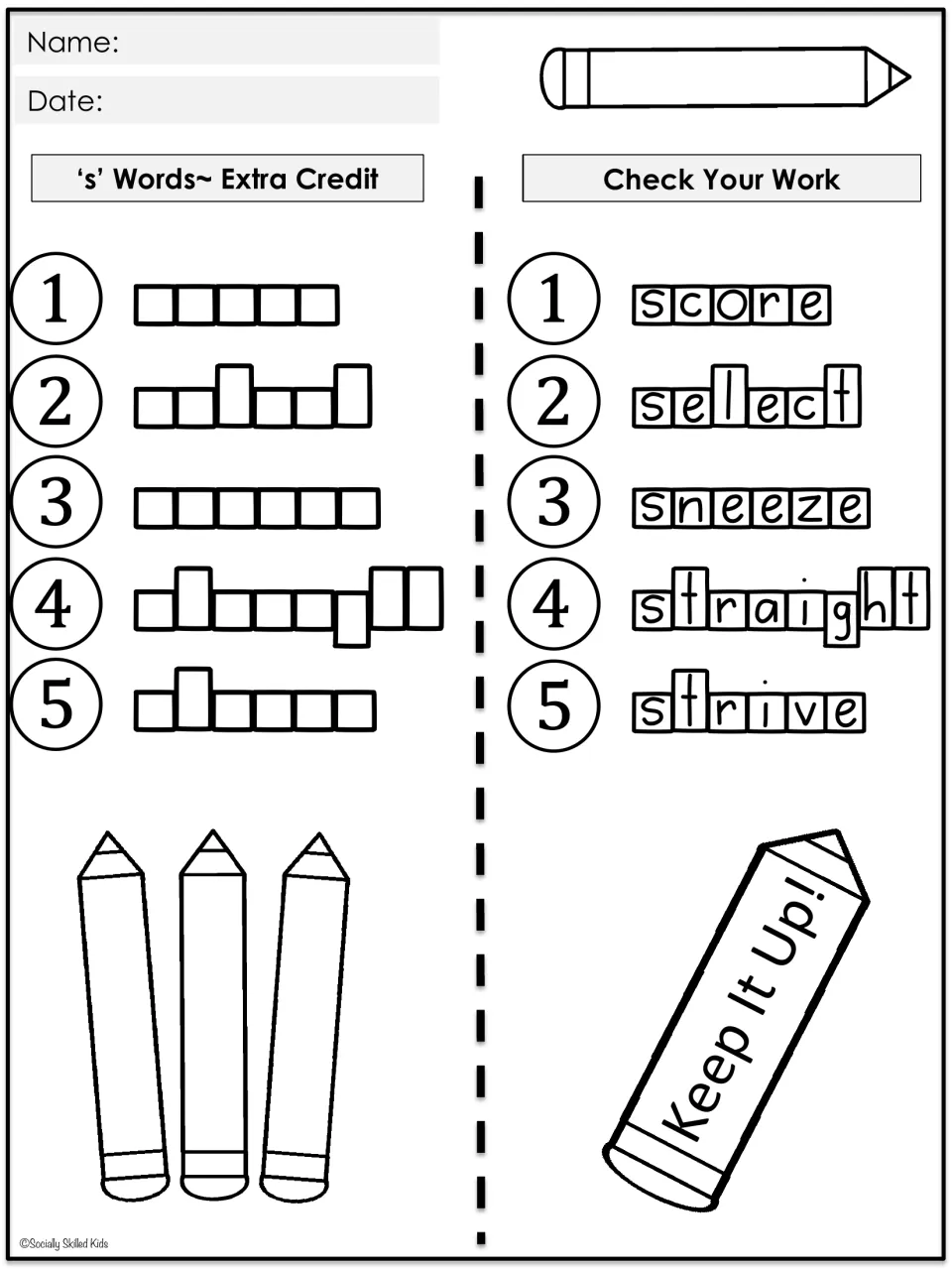 Extra-credit spelling practice for score, select, sneeze, straight, and strive includes self-check answers