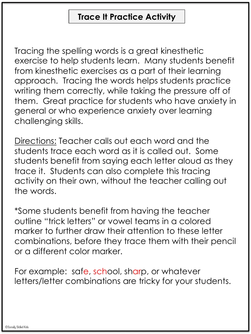 Trace It Practice Activity directions explain tracing words and highlighting tricky letters or vowel teams