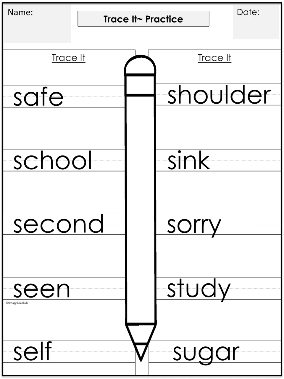 Tracing practice for the 10 core s words: safe, school, second, seen, self, shoulder, sink, sorry, study, sugar