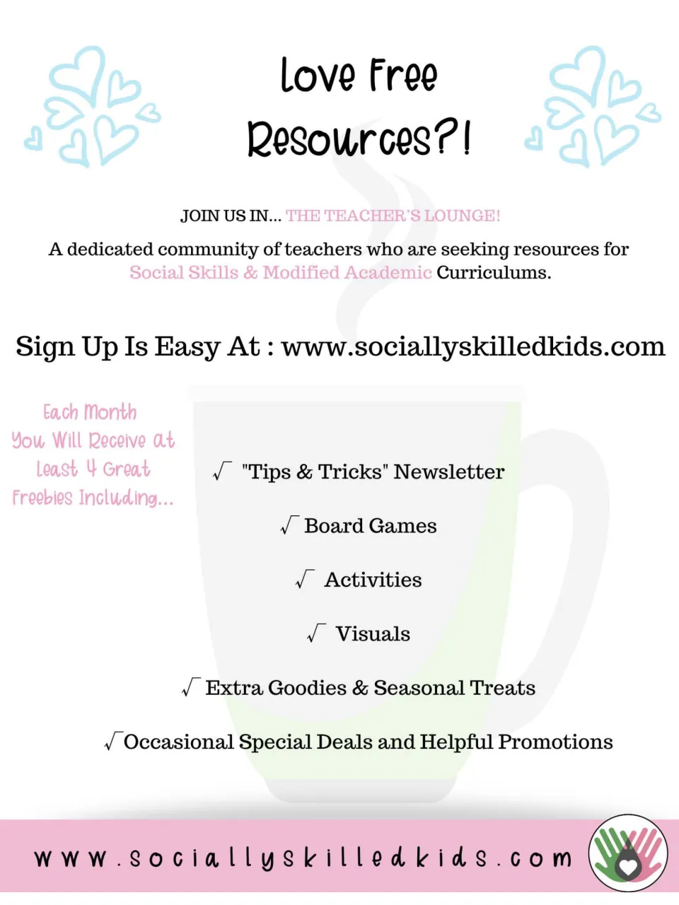 Love Free Resources?! sign-up ad for The Teacher's Lounge listing monthly freebies like newsletters and board games