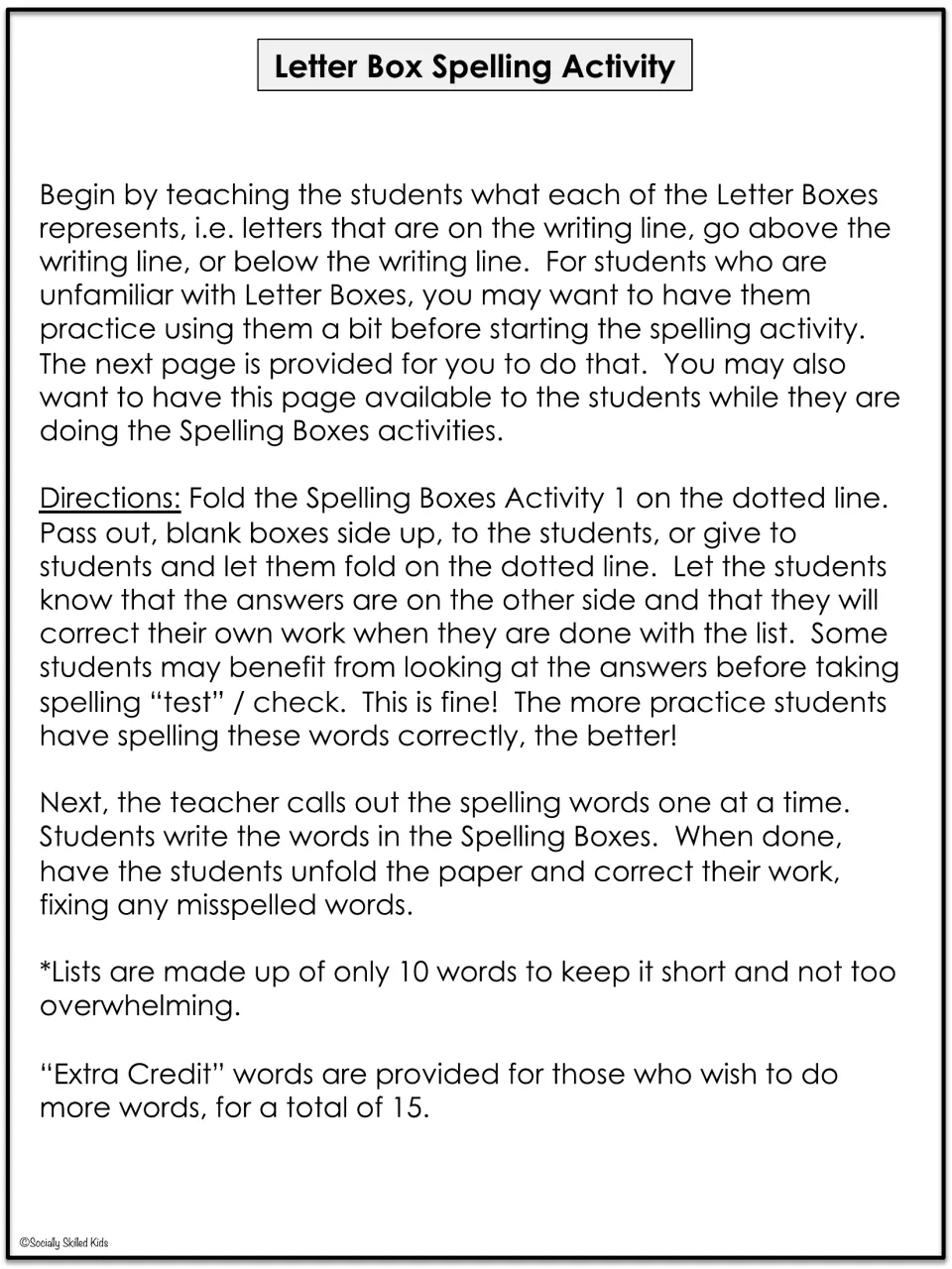 Letter Box Spelling teacher directions: fold the sheet, call out 10 words, students spell in boxes, then self-correct