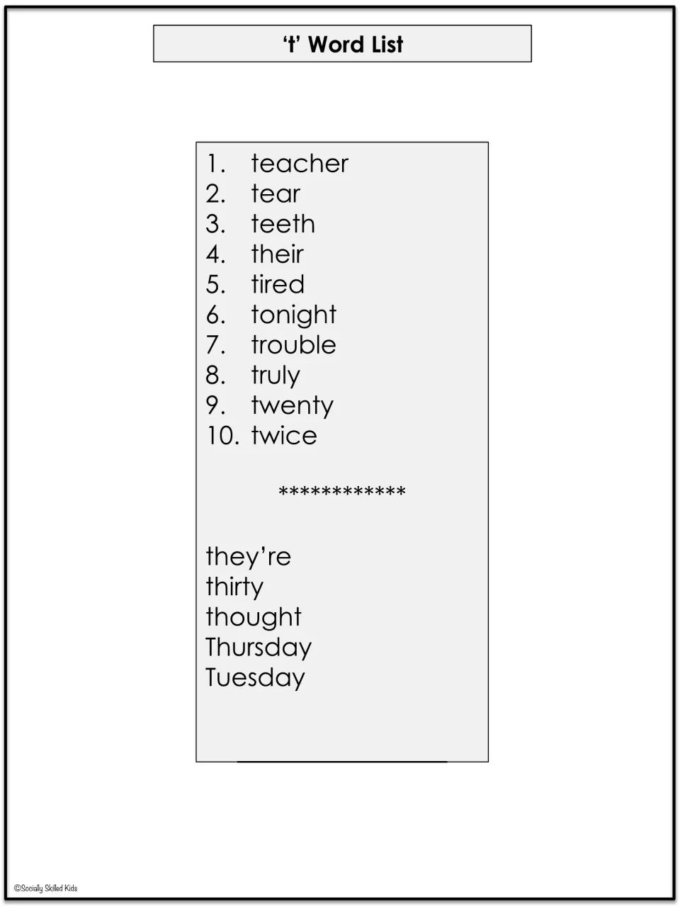 't' word list of 10 words from teacher to twice, plus 5 extra words: they're, thirty, thought, Thursday, Tuesday