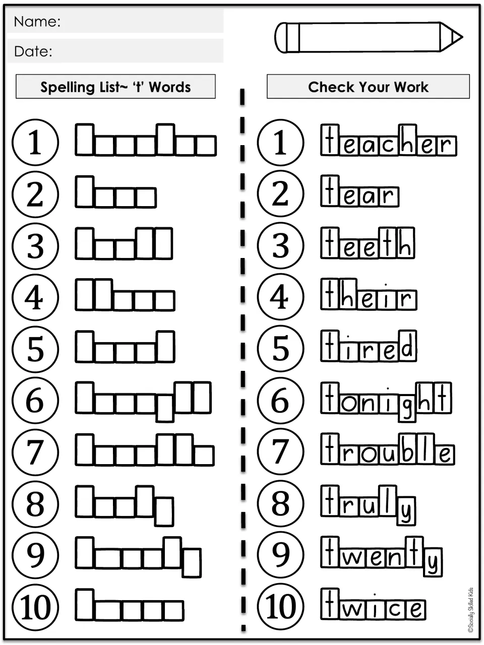 Spelling List 't' Words: students write 10 words in shaped letter boxes, then unfold Check Your Work to self-correct