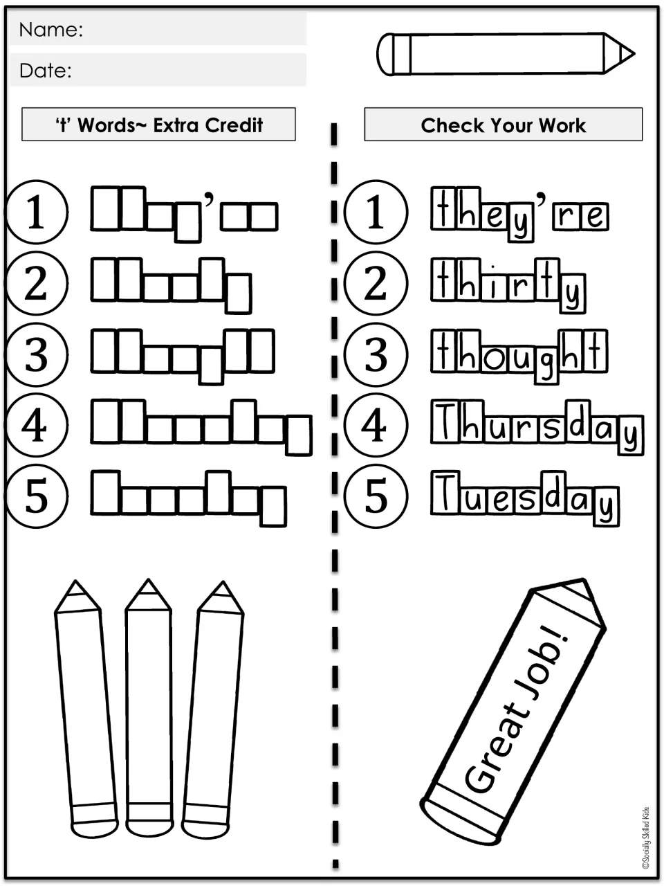 Extra credit 't' words: students spell they're, thirty, thought, Thursday and Tuesday in letter boxes, then check