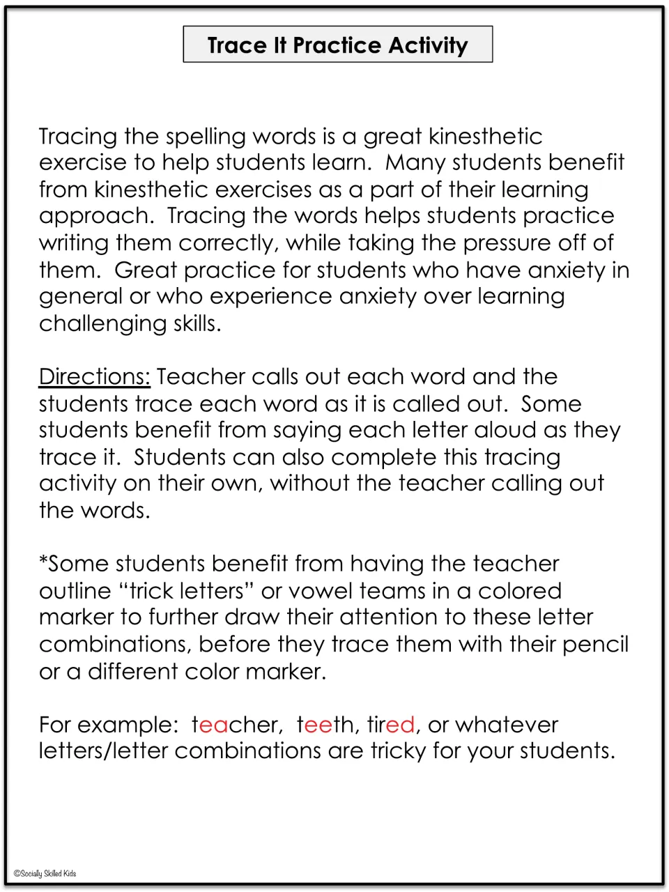 Trace It teacher directions: call out each word as students trace it; outline tricky letters such as ea in teacher
