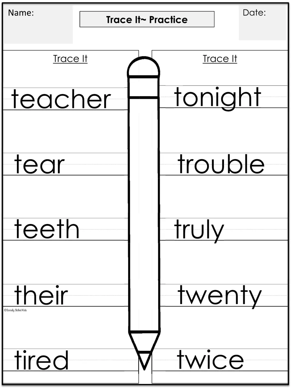 Trace It Practice: students trace the 10 't' words in large print, from teacher and tear through truly, twenty and twice