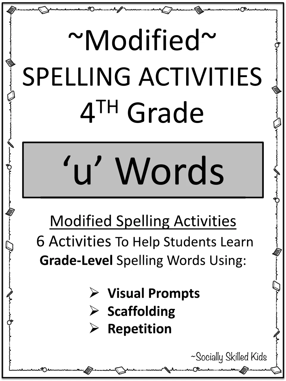 Cover introducing six modified spelling activities for fourth-grade u words using visual prompts and repetition