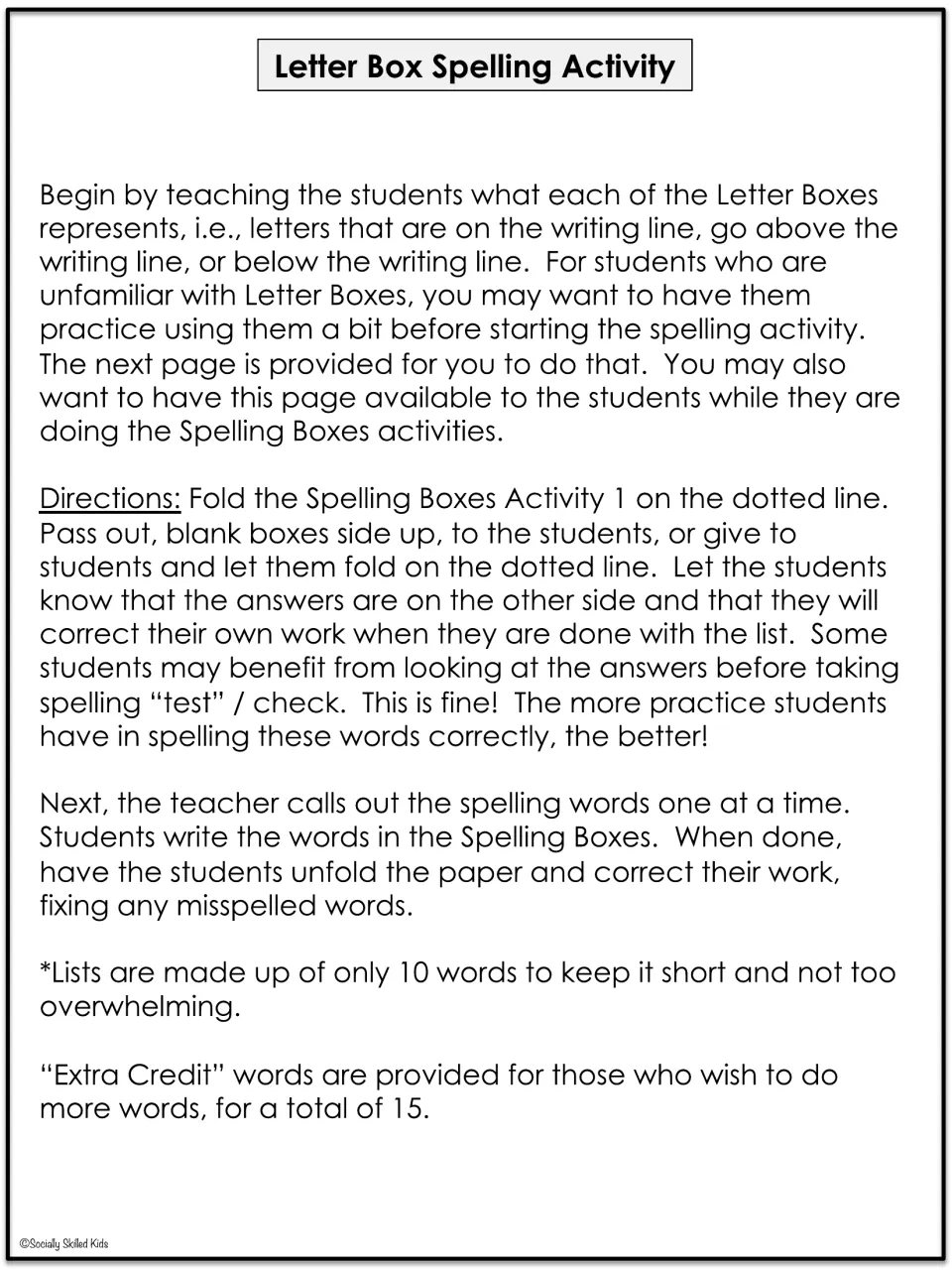 Letter Box Spelling Activity directions for teacher dictation, student self-checking, and extra-credit words