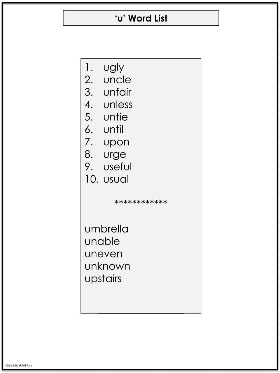 Spelling list of 10 core u words, including ugly, uncle, and unfair, plus five extra-credit words