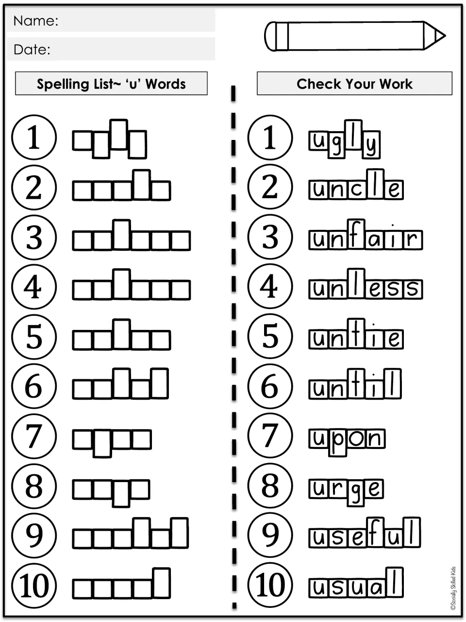 Self-checking spelling practice for 10 u words: ugly, uncle, unfair, unless, untie, until, upon, urge, useful, usual