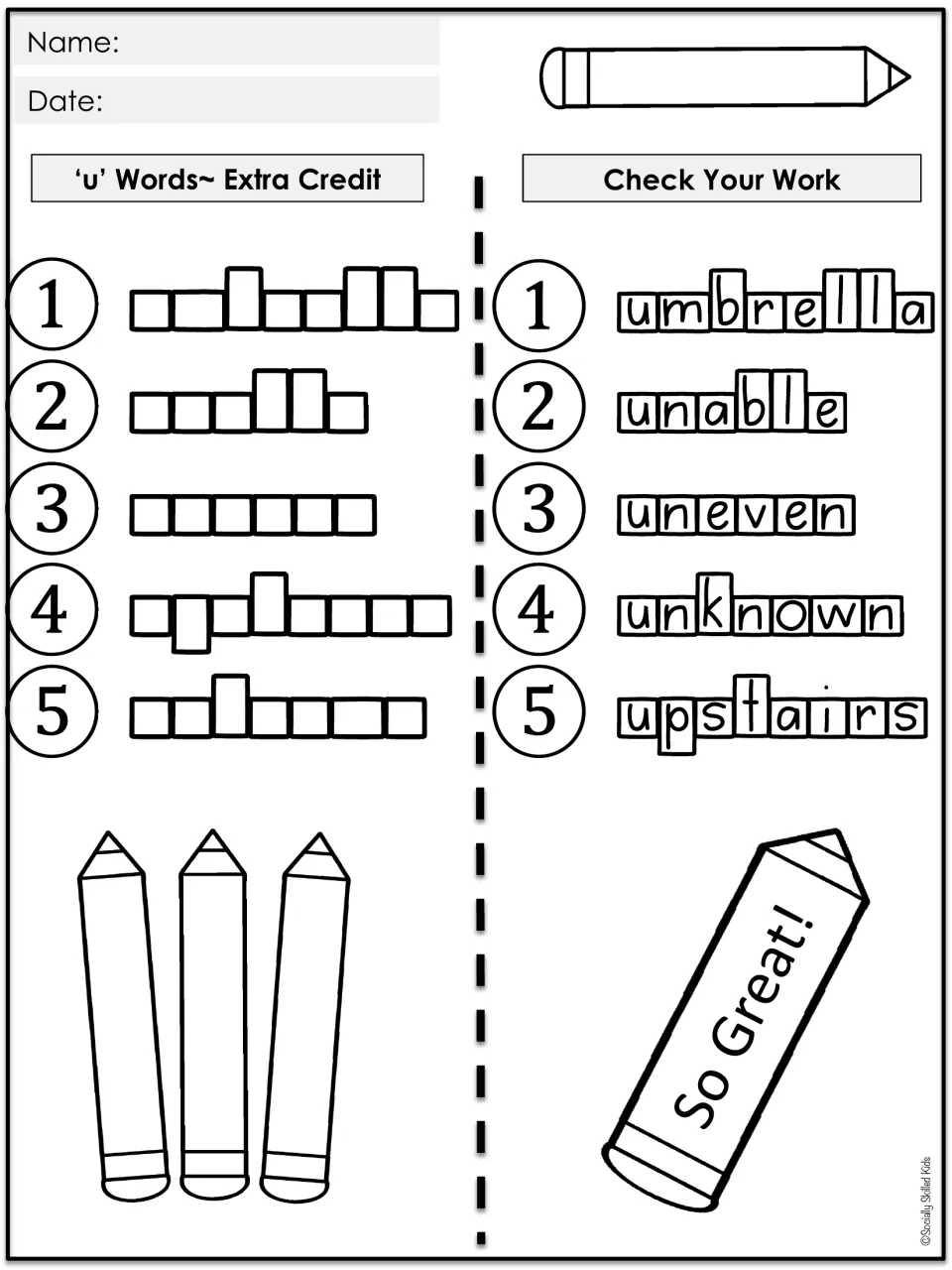 Extra-credit spelling practice with self-check answers for umbrella, unable, uneven, unknown, and upstairs