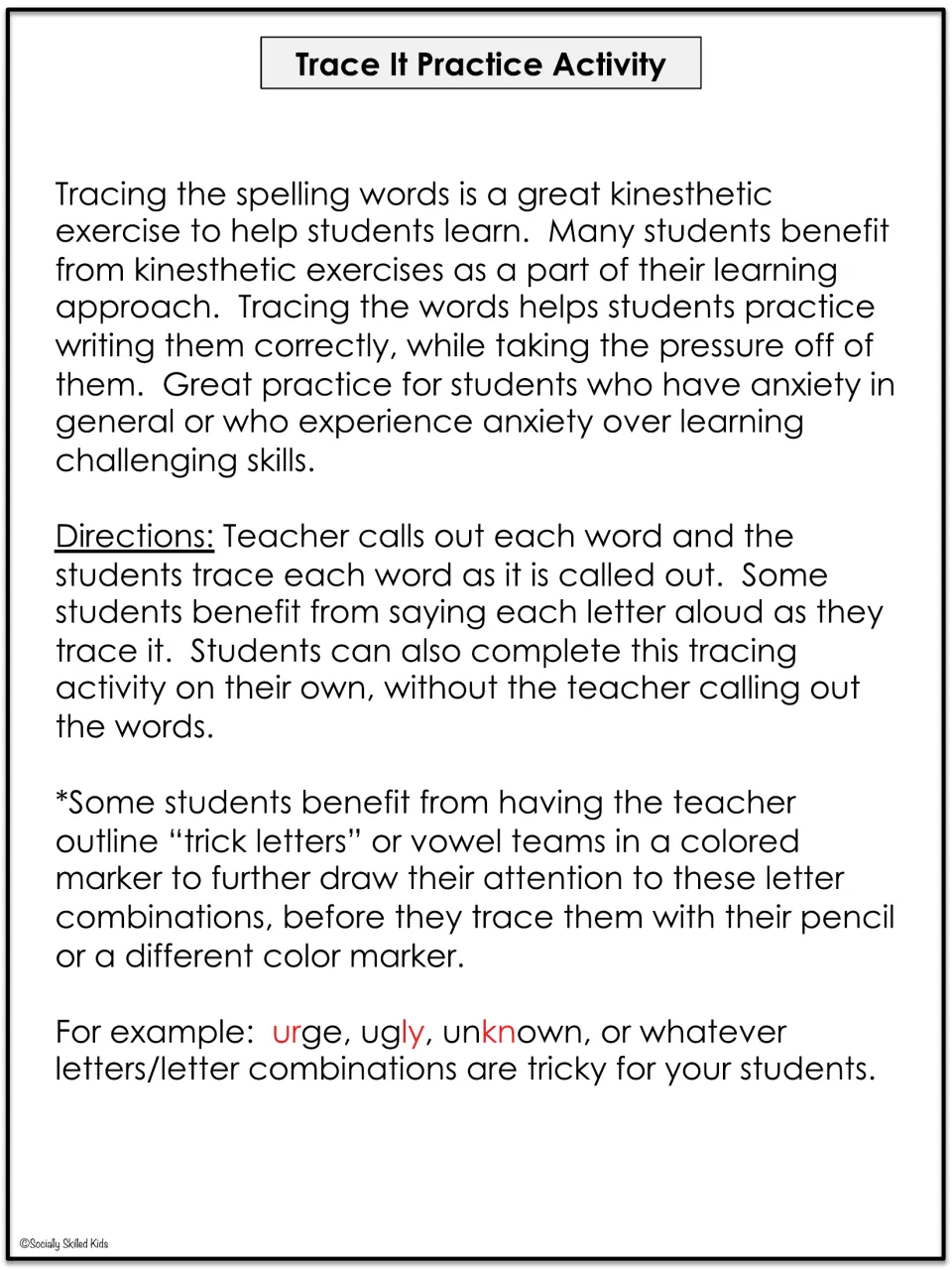 Trace It Practice Activity directions explain tracing spoken words and highlighting tricky letter combinations