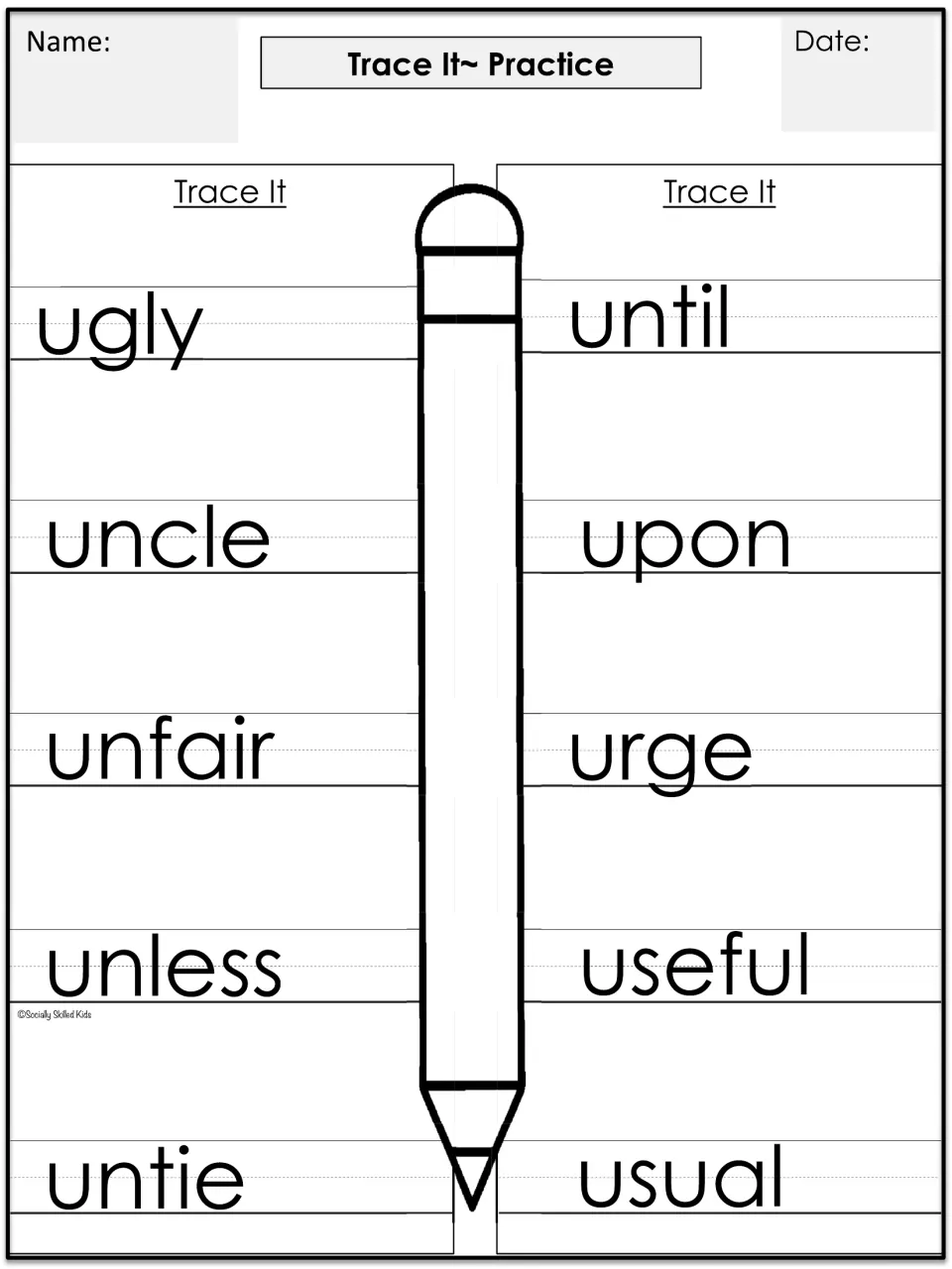 Tracing practice for the 10 core words: ugly, uncle, unfair, unless, untie, until, upon, urge, useful, and usual