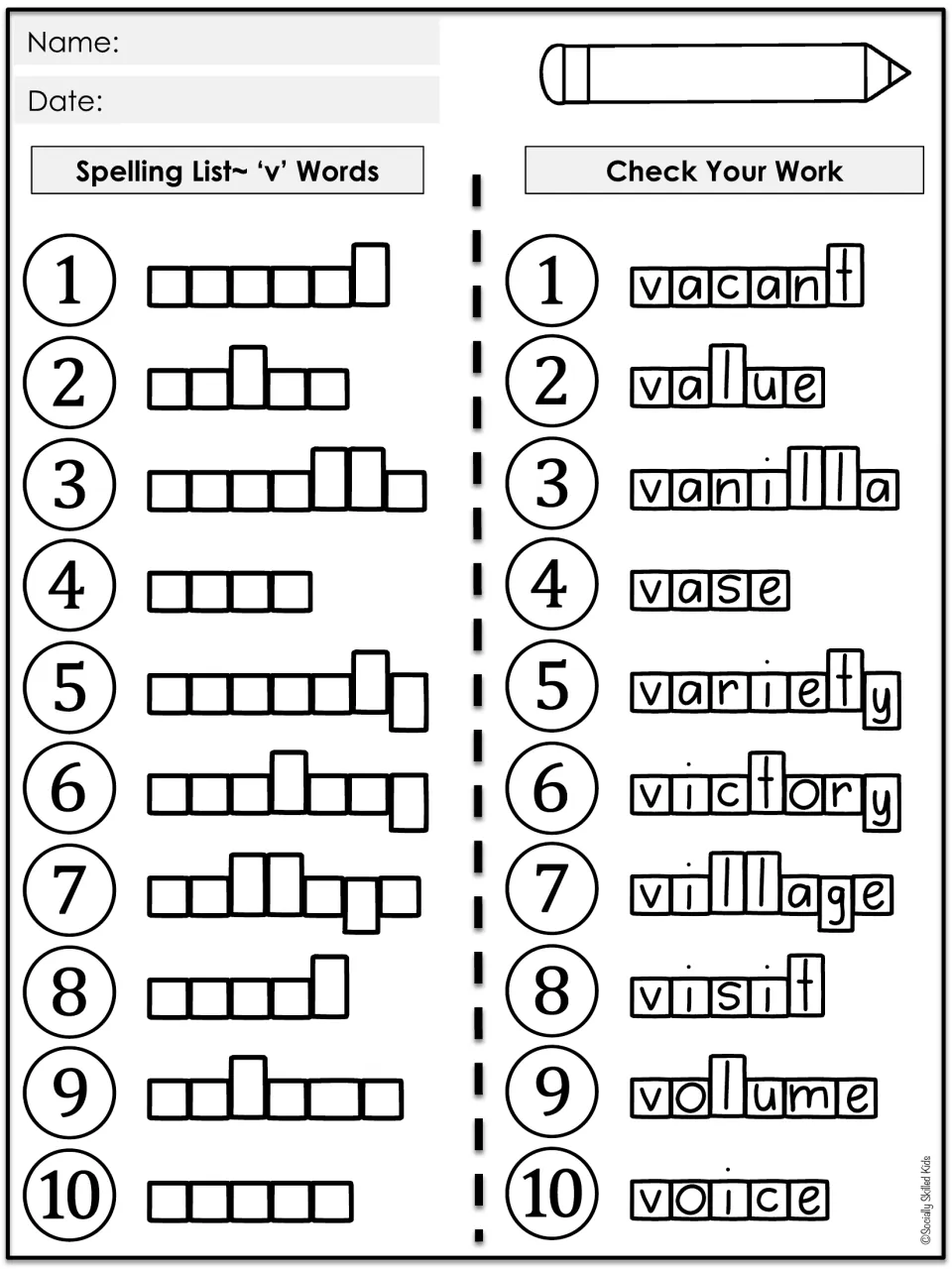 Spelling List 'v' Words: students spell 10 words in blank letter boxes, then unfold to the Check Your Work answers