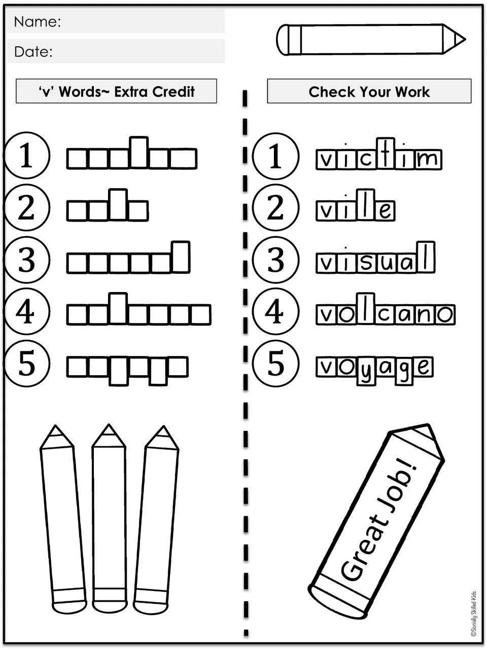 'v' Words Extra Credit: students spell victim, vile, visual, volcano and voyage in letter boxes, then check the answers