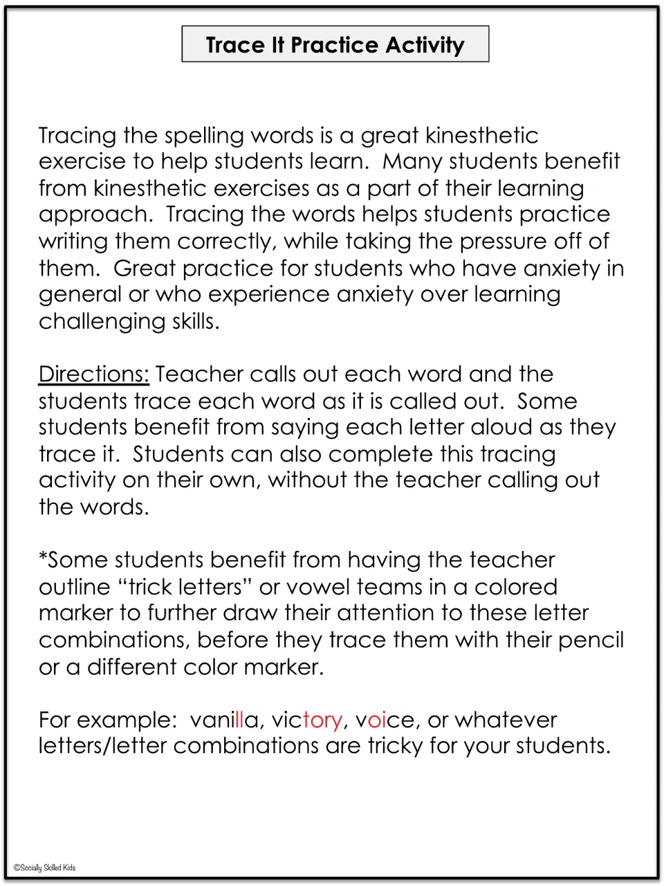 Trace It Practice Activity directions: teacher calls out each word as students trace it, with tricky letters highlighted