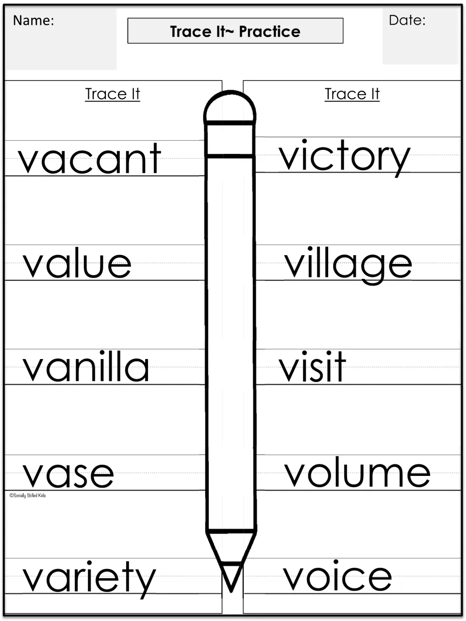 Trace It Practice: students trace the 10 'v' spelling words, vacant through voice, in large print