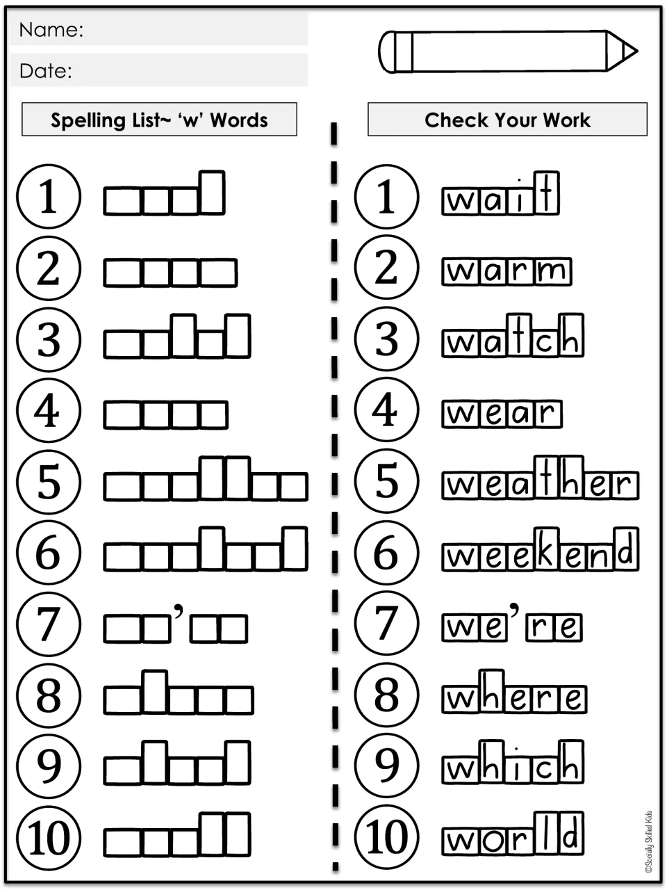 Spelling List 'w' Words: students spell 10 words in letter-shape boxes, then fold open Check Your Work to self-correct