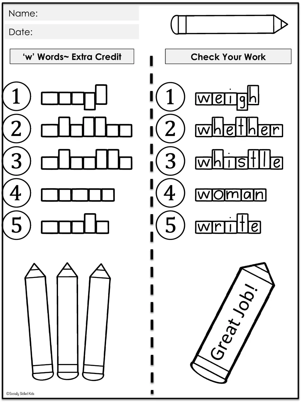 'w' Words Extra Credit: students spell weigh, whether, whistle, woman and write in letter boxes, then Check Your Work