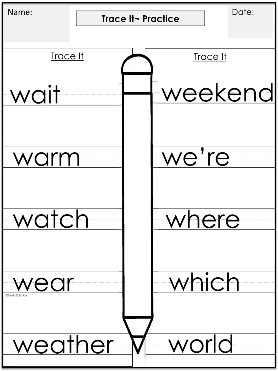 Trace It Practice: students trace the 'w' words wait, warm, watch, wear, weather, weekend, we're, where, which and world