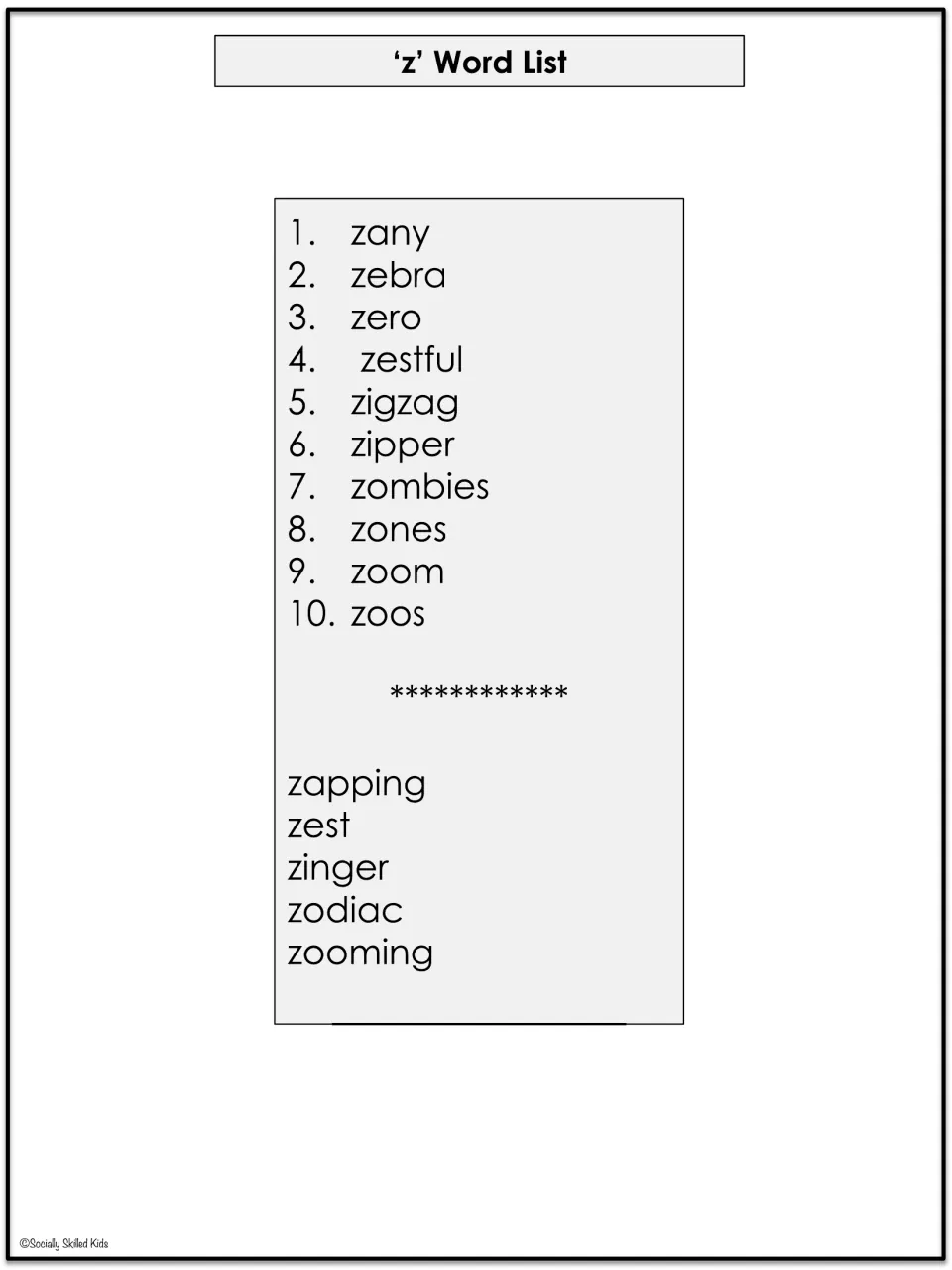 'z' Word List of 10 spelling words, zany to zoos, plus 5 extra credit words: zapping, zest, zinger, zodiac, zooming