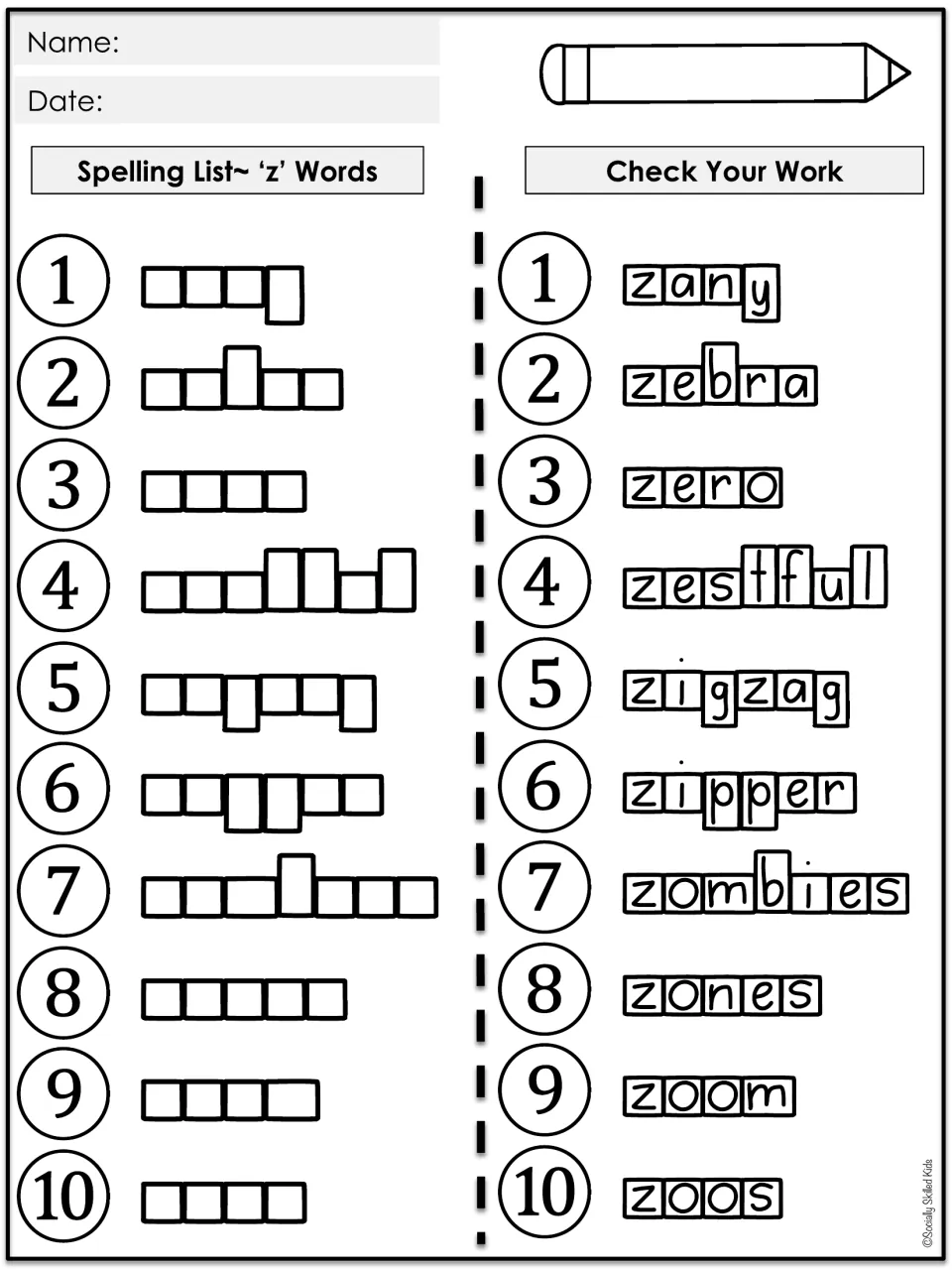 Spelling List 'z' Words: students spell 10 words in letter boxes, then fold back to the Check Your Work answers