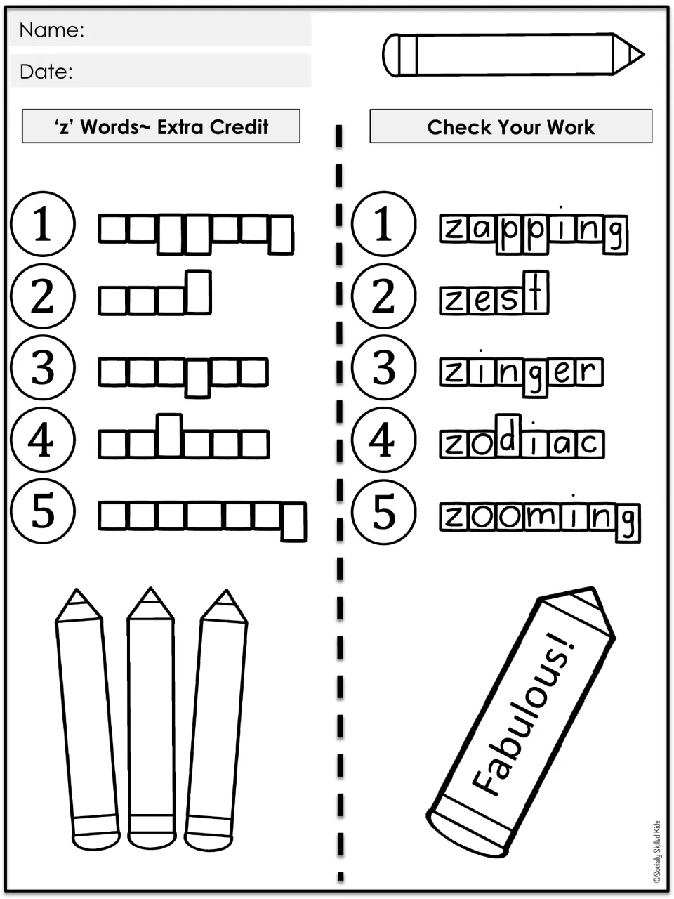 'z' Words Extra Credit: students spell zapping, zest, zinger, zodiac and zooming, then check with the fold-back side