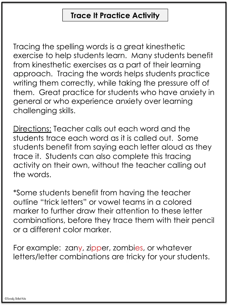 Trace It Practice Activity directions: teacher calls out each word as students trace it, highlighting tricky letters