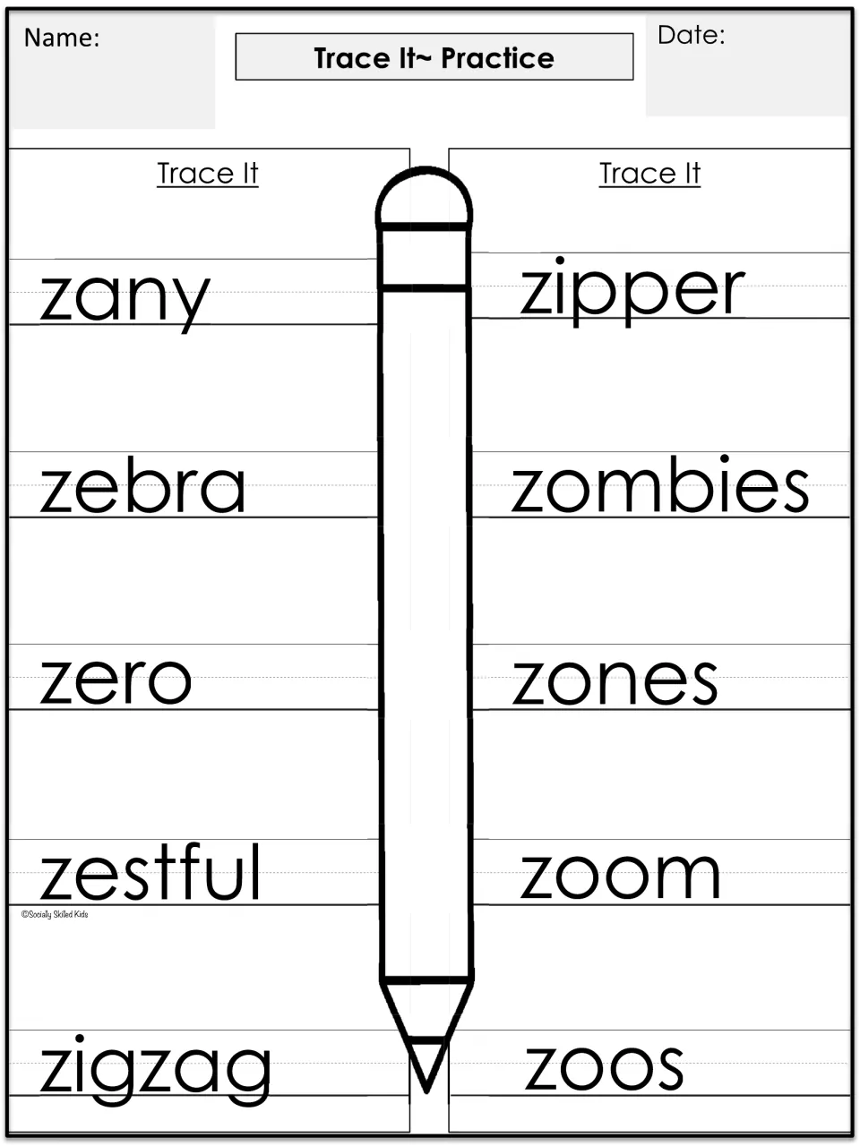 Trace It Practice: students trace the 10 'z' spelling words from zany, zebra and zero through zones, zoom and zoos