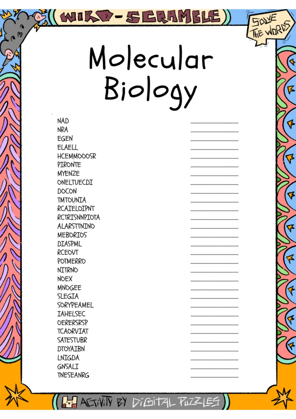 Molecular biology word scramble: students unscramble 30 terms such as NAD, EGEN and HCEMMOOOSR and write each answer