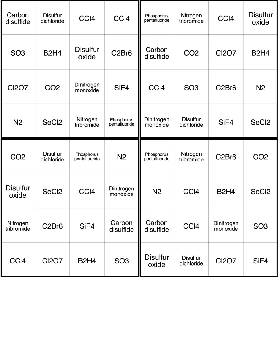 Molecular compound bingo cards 1–4, with carbon disulfide and disulfur dichloride starting the first card