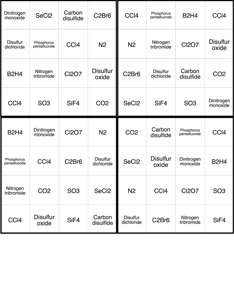 Molecular compound bingo cards 5–8, with dinitrogen monoxide and SeCl2 starting the first card