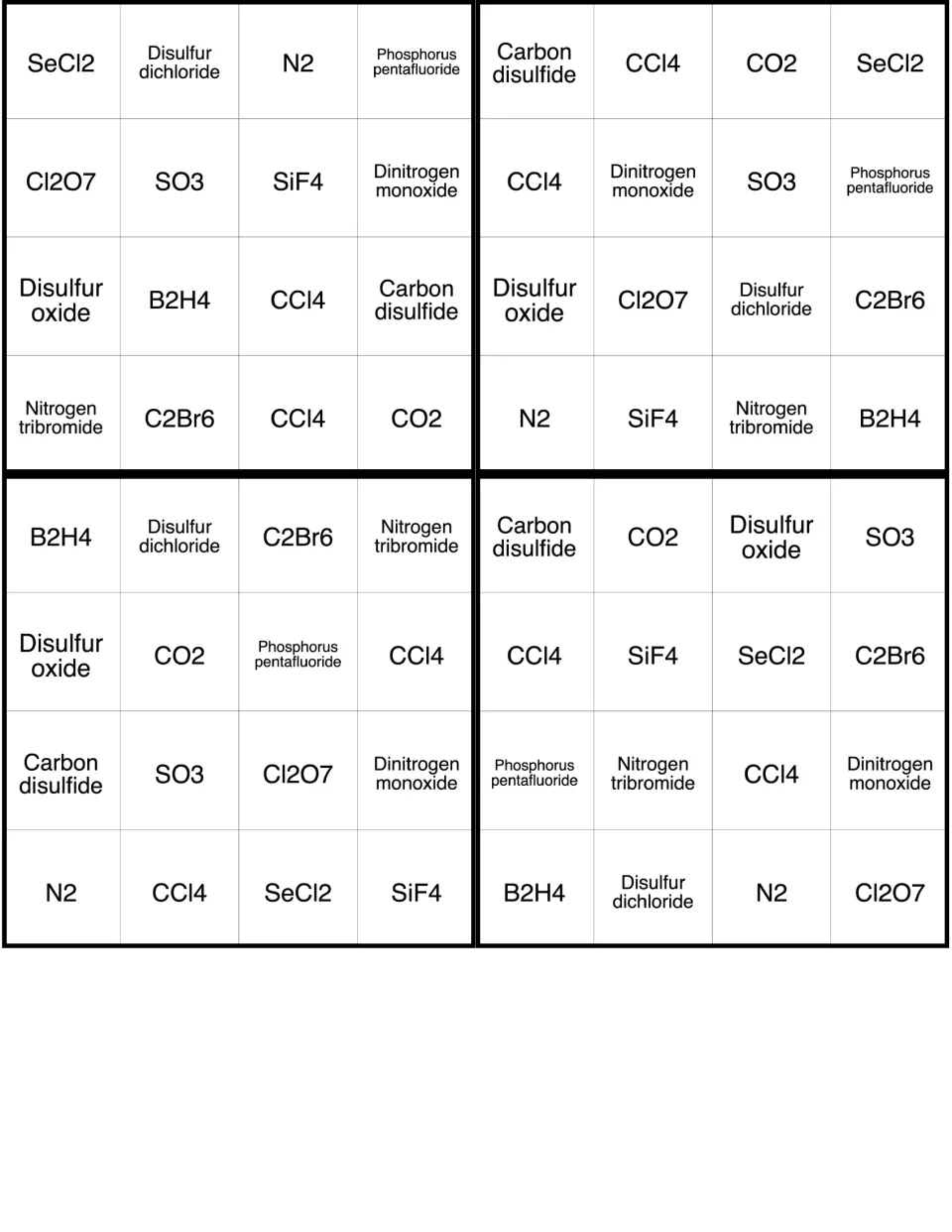 Molecular compound bingo cards 9–12, with SeCl2 and disulfur dichloride starting the first card