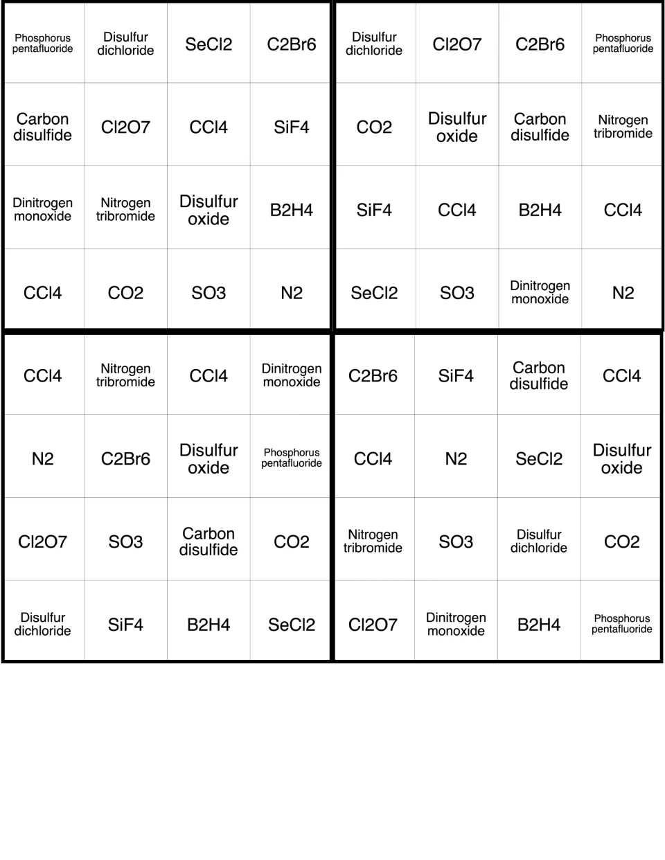 Molecular compound bingo cards 13–16, with phosphorus pentafluoride and SeCl2 on the first card