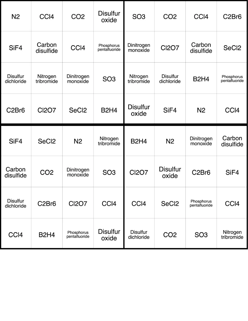 Molecular compound bingo cards 17–20, with N2, CCl4, CO2 and disulfur oxide starting the first card