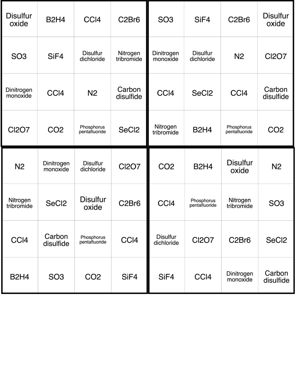 Molecular compound bingo cards 21–24, with disulfur oxide, B2H4, CCl4 and C2Br6 starting the first card