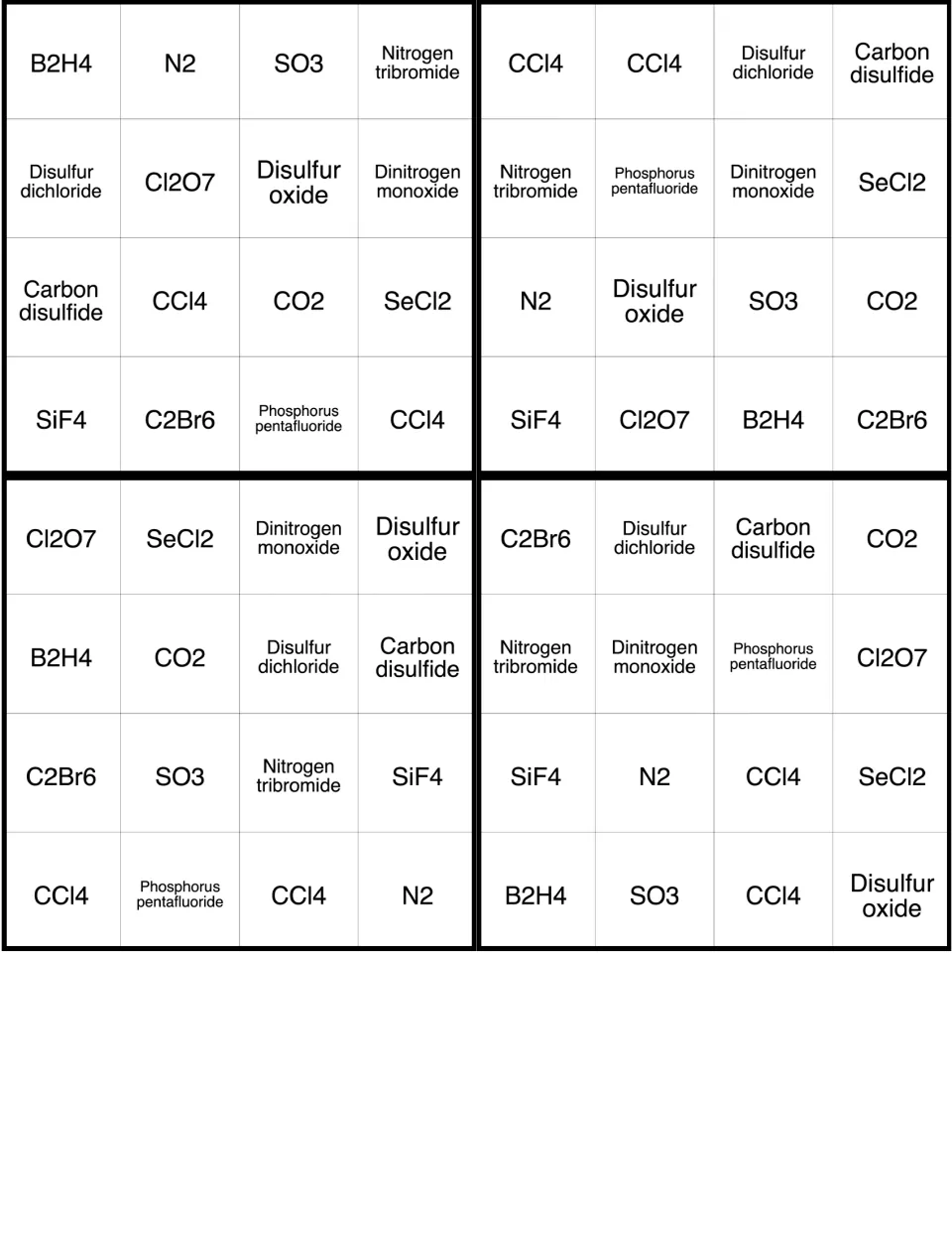 Molecular compound bingo cards 25–28, with B2H4, N2, SO3 and nitrogen tribromide starting the first card