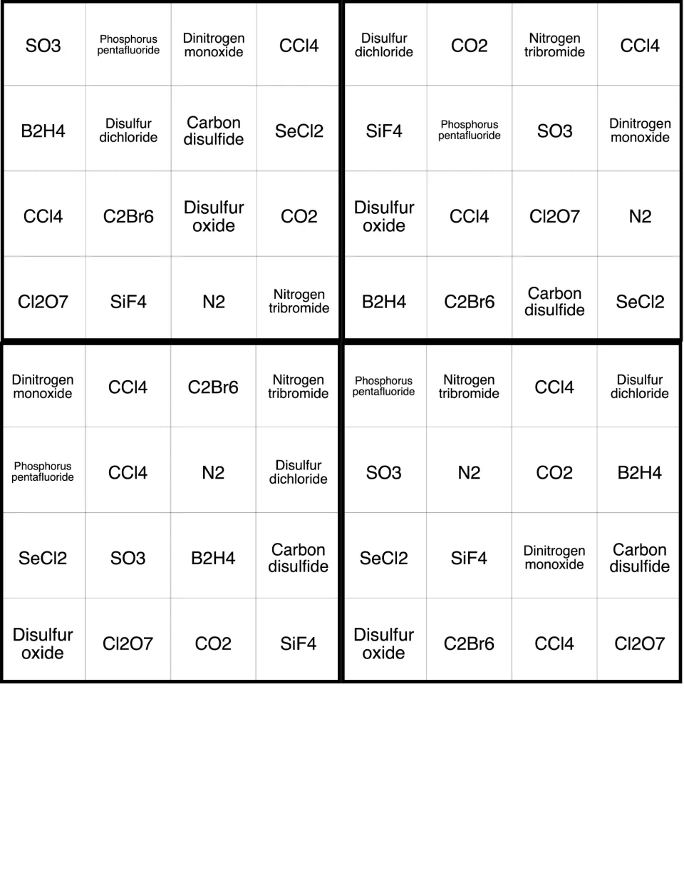 Molecular compound bingo cards 29–32, with SO3 and phosphorus pentafluoride starting the first card