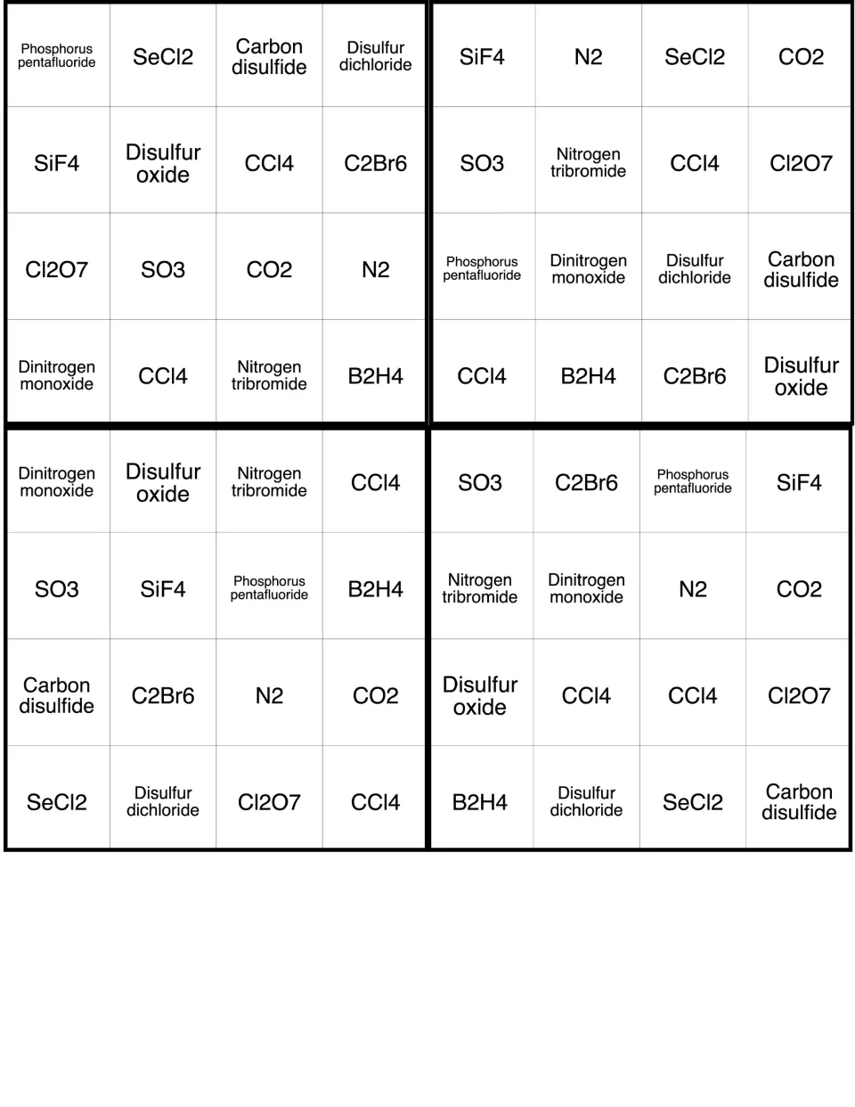 Molecular compound bingo cards 33–36, with phosphorus pentafluoride and SeCl2 starting the first card