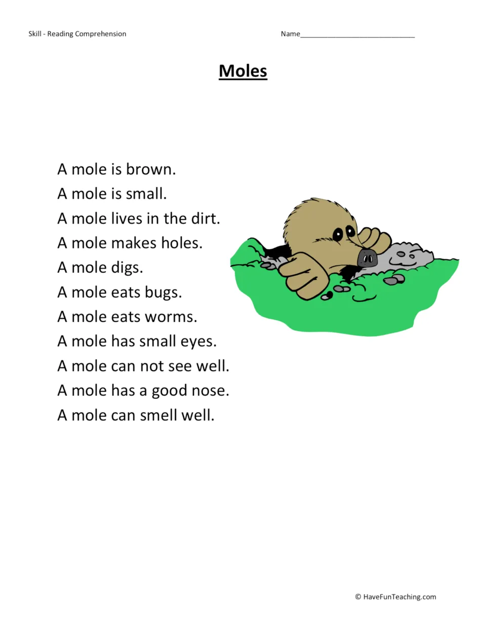 Reading passage about moles: short sentences describe their size, digging, food, eyesight, and smell.