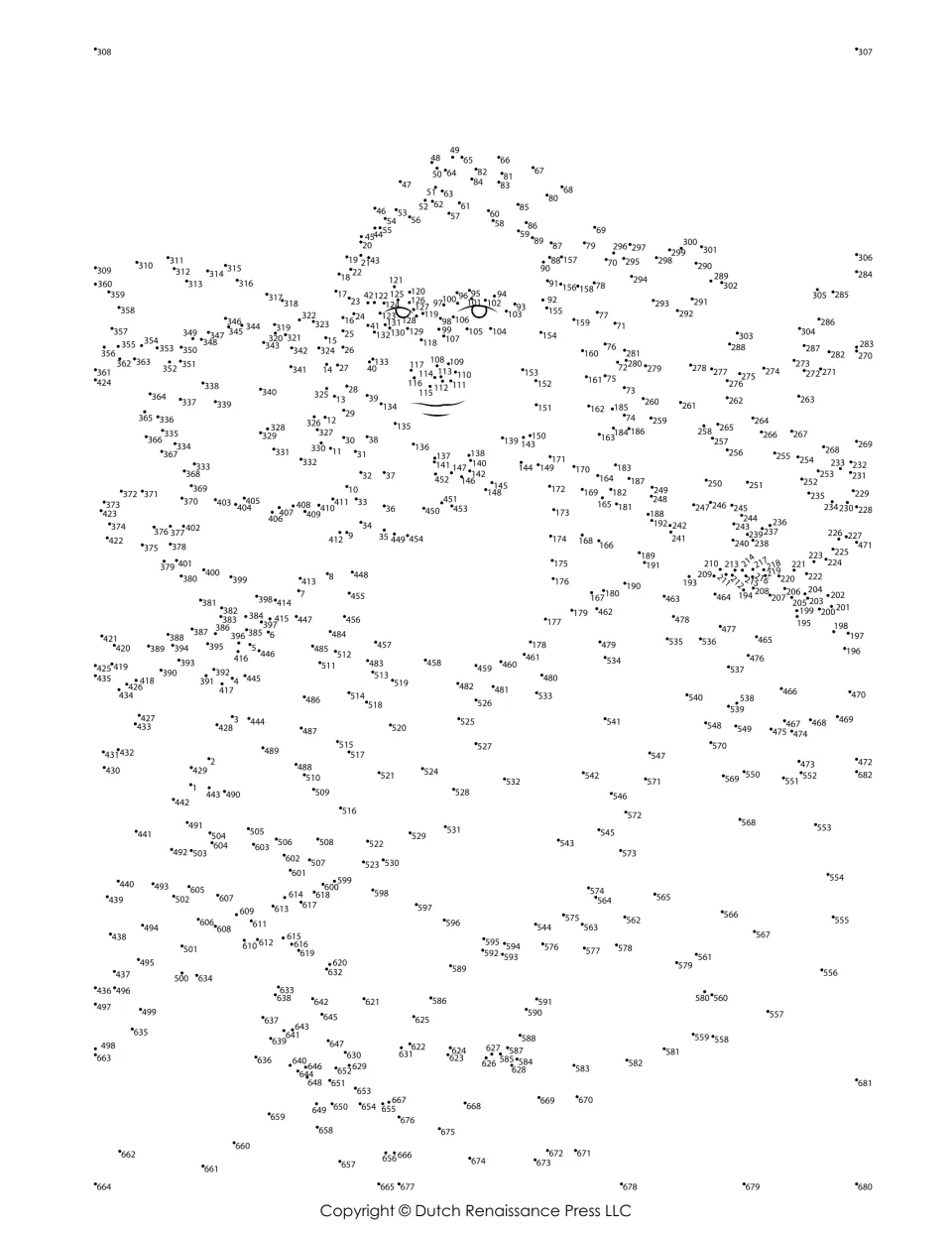 Mona Lisa portrait puzzle: students join numbered dots 1 to 682 in order; only her eyes and smile are pre-drawn