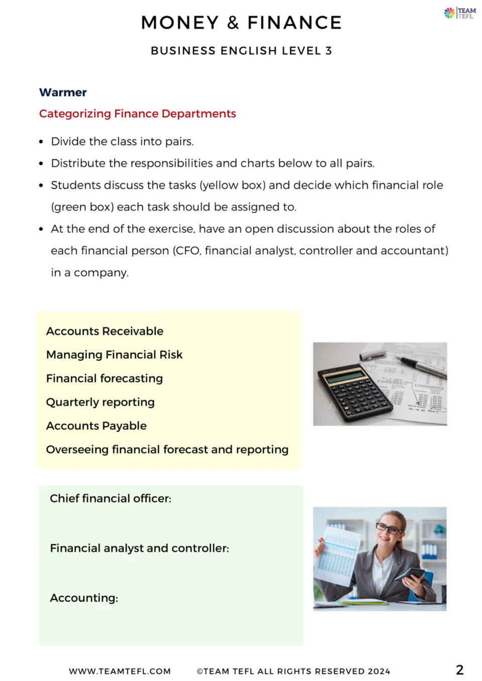 Finance departments warmer: pairs assign tasks like accounts payable and forecasting to CFO, analyst or accounting roles