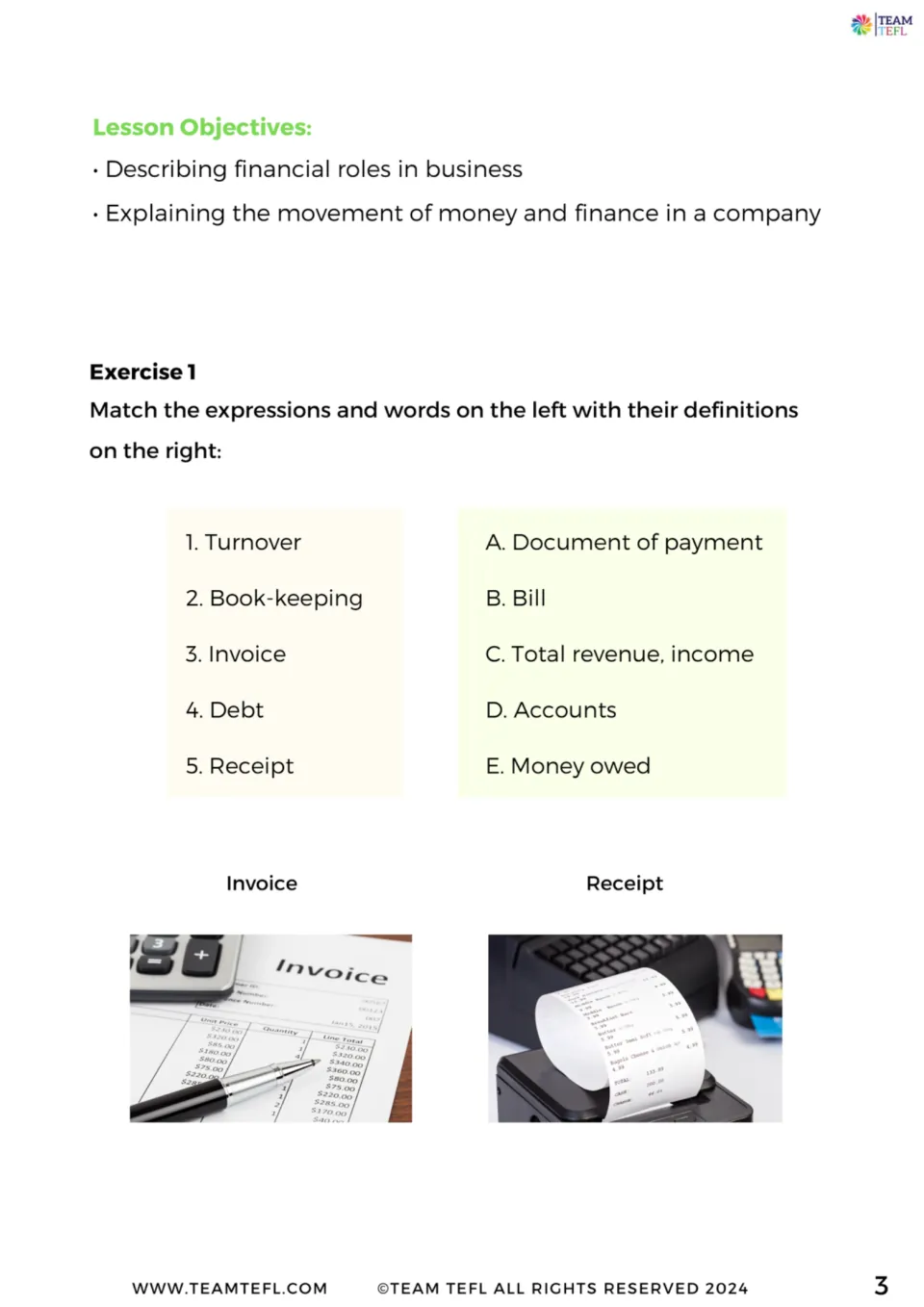 Finance vocabulary matching: students pair turnover, book-keeping, invoice, debt and receipt with definitions A to E