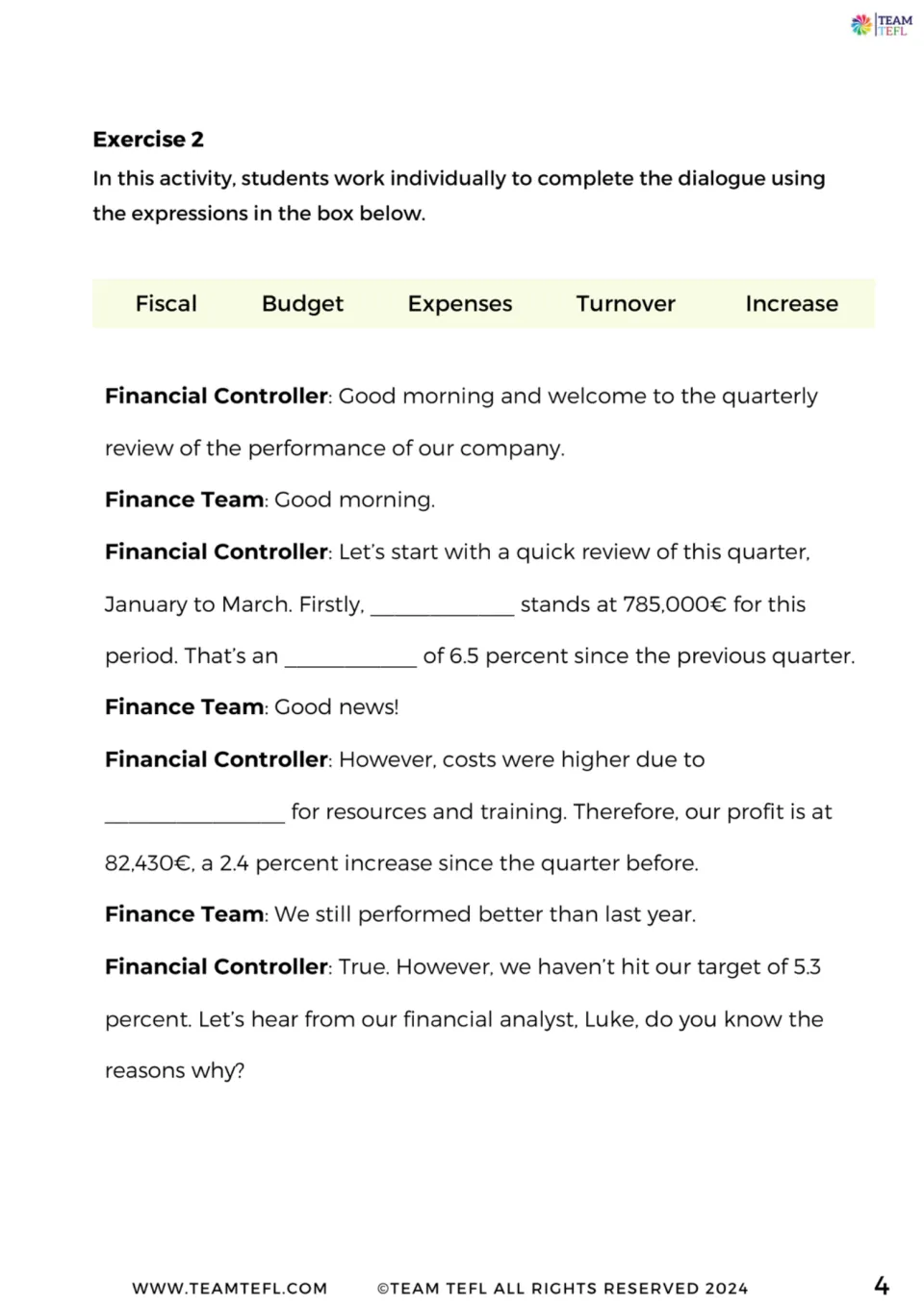 Quarterly review dialogue gap fill: students complete a controller and team talk using fiscal, budget, expenses, turnover