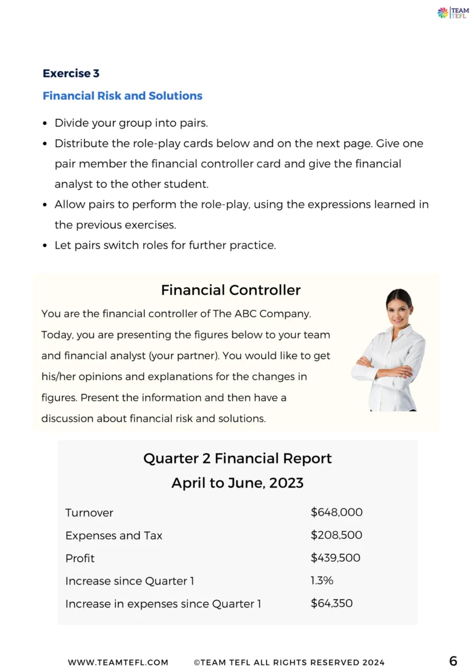 Financial risk role-play: the financial controller card presents a Quarter 2 report with turnover, expenses and profit