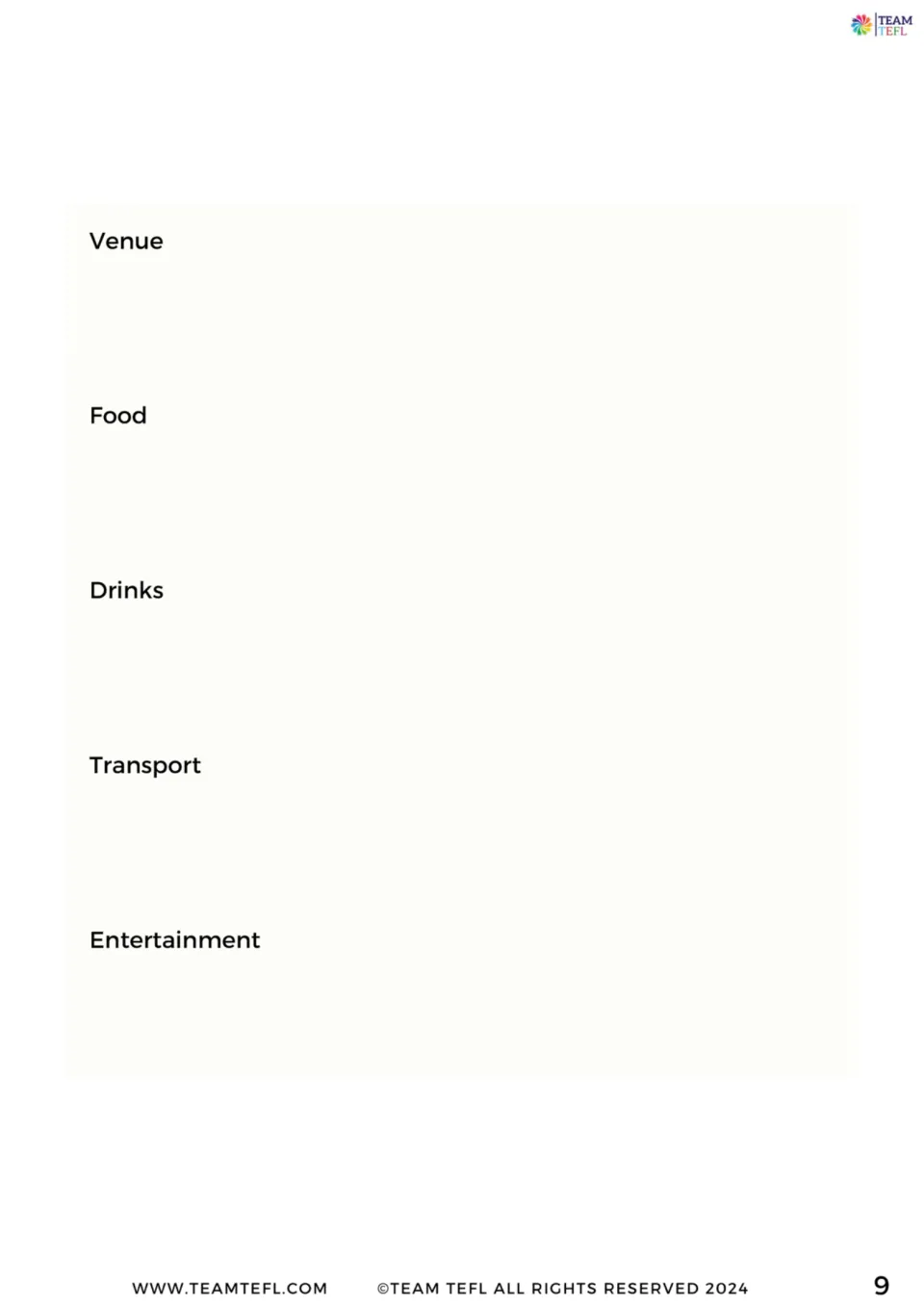 Christmas party budget planner: teams note spending for venue, food, drinks, transport and entertainment