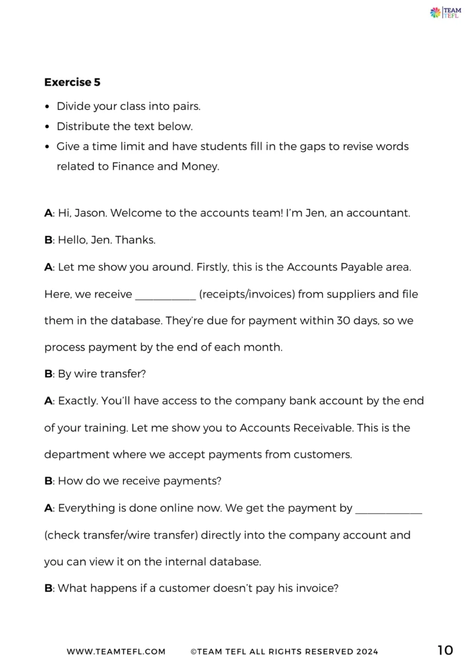 Accounts team dialogue gap fill: pairs choose receipts or invoices and check or wire transfer in a new-starter tour
