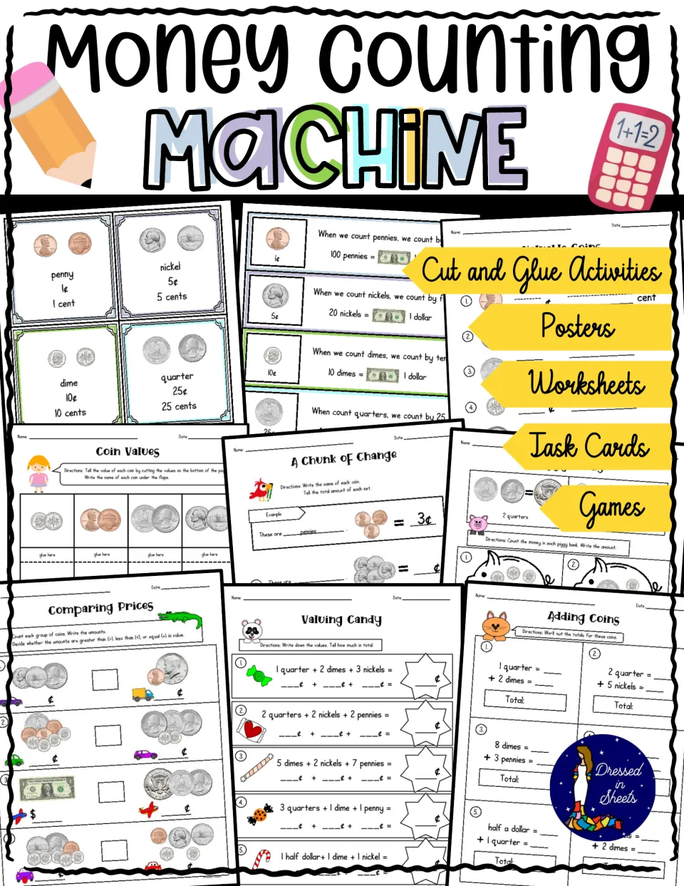 Money Counting Machine cover listing cut and glue activities, posters, worksheets, task cards and games about US coins